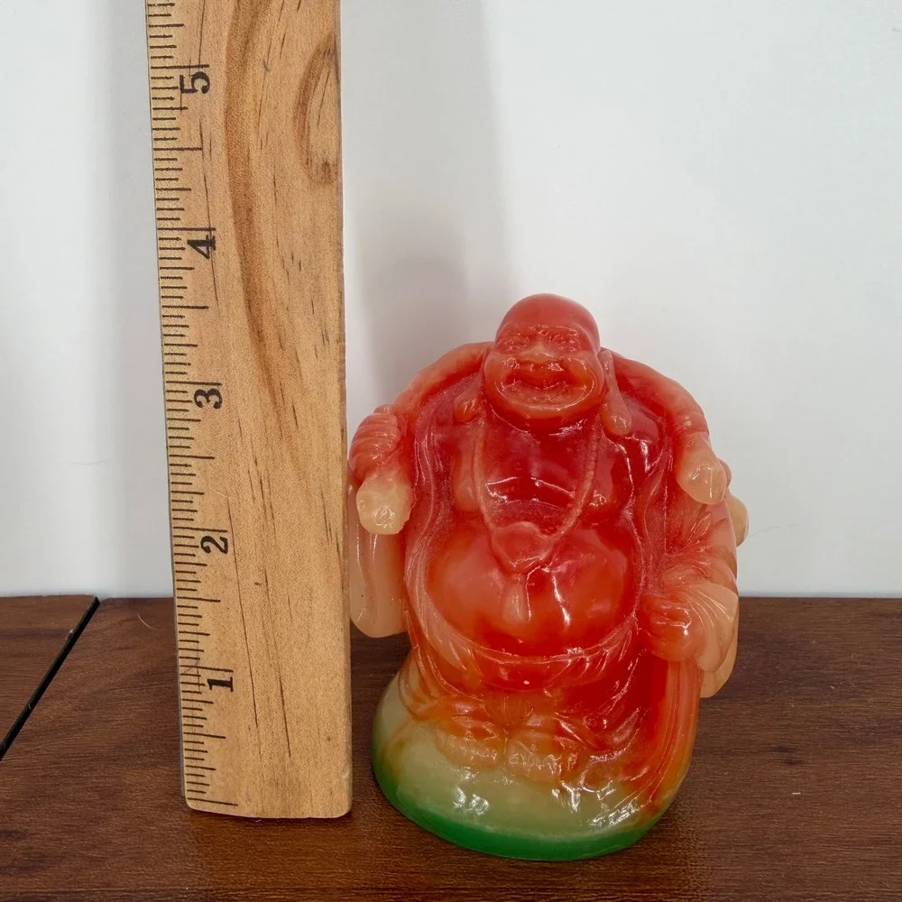 VTG 90s Fire Red & Green Translucent Resin Buddha Ogi Fan‎ & Wu Lou 3.75